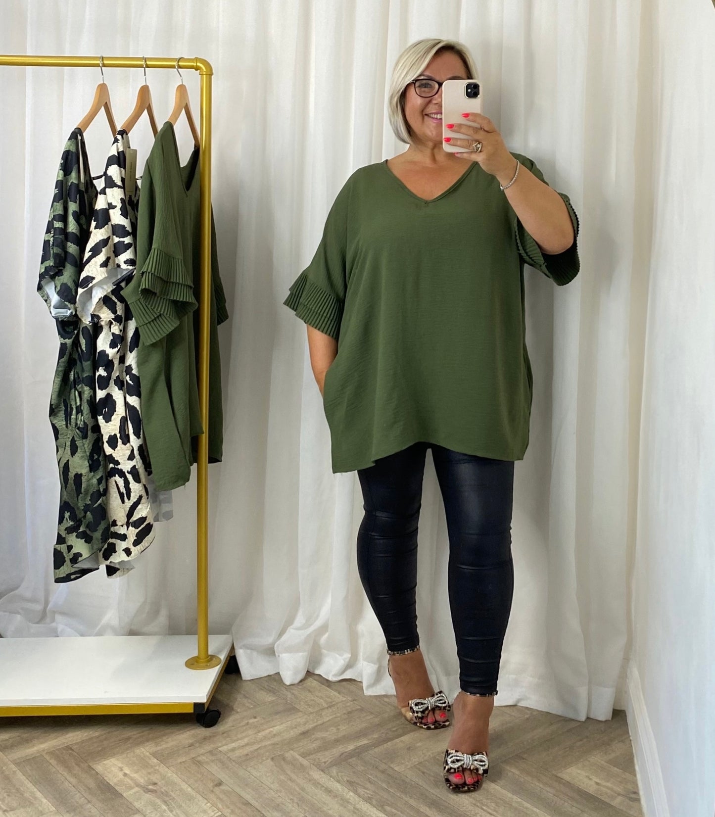 Khaki Pleated Sleeve Top With Pockets