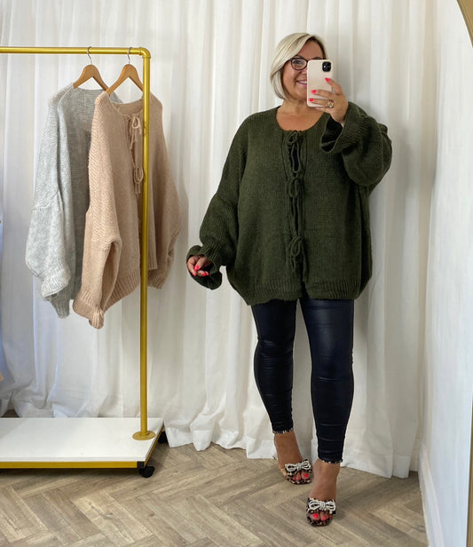 Khaki Tie knit Cardigan