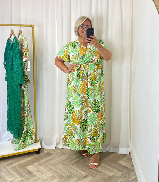 Green Tropical Print Maxi Dress