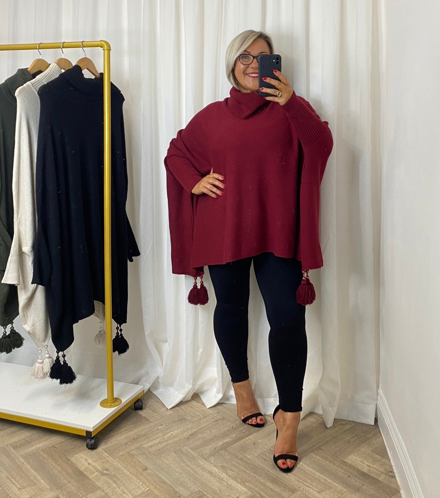 Deep Red Knit Tassel Poncho