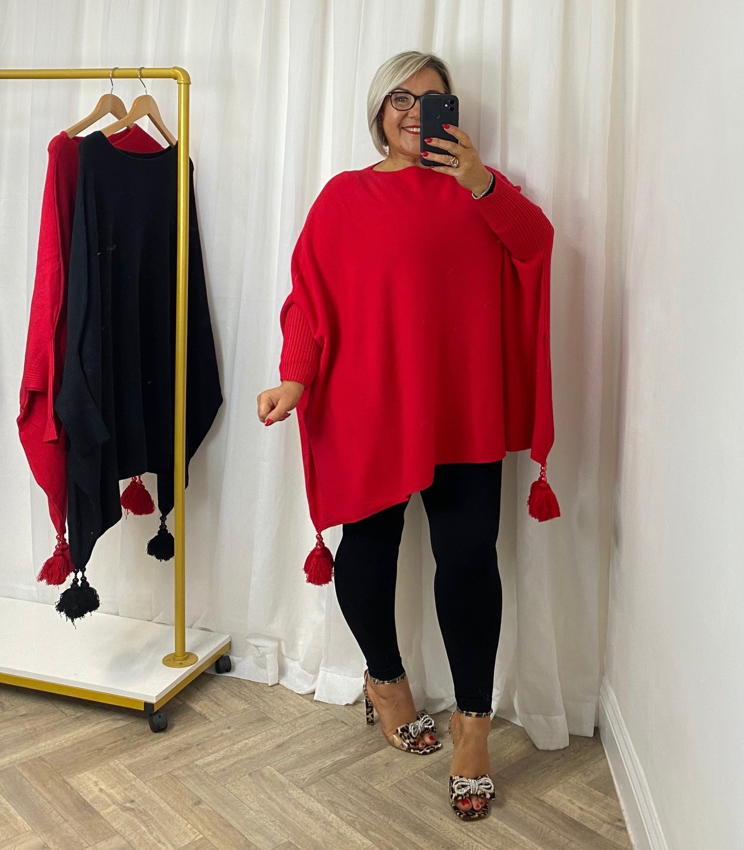 Red Knit Tassel Poncho