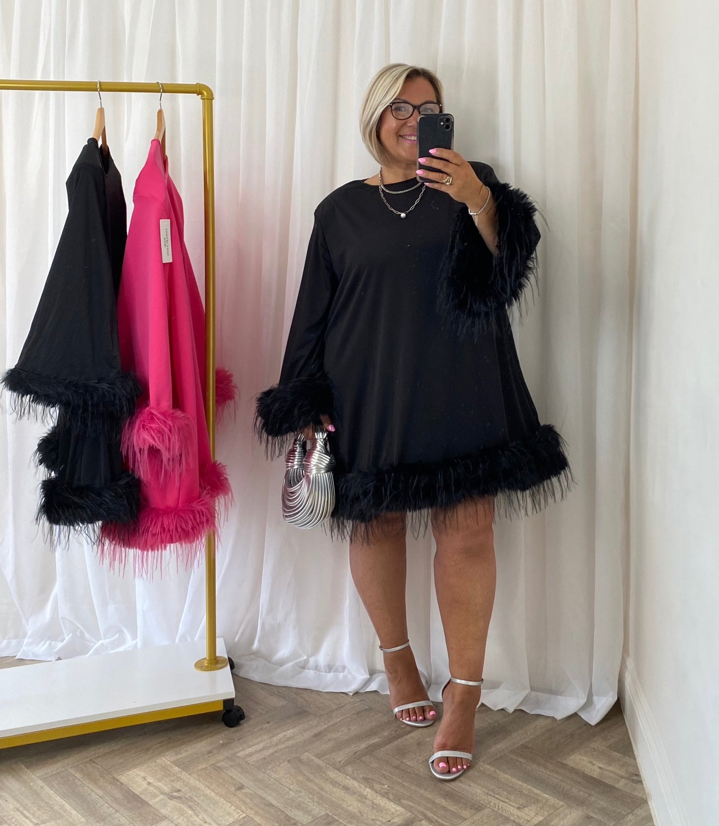 Feather Trim Dress In Black