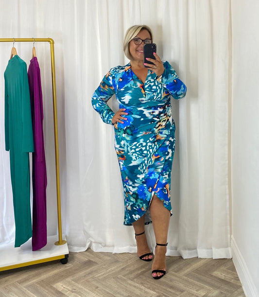 Abstract Midi Dress In Blue And Green