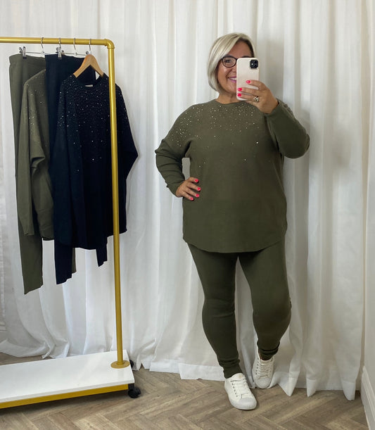 Luxe khaki Embellished Knit Lounge Wear