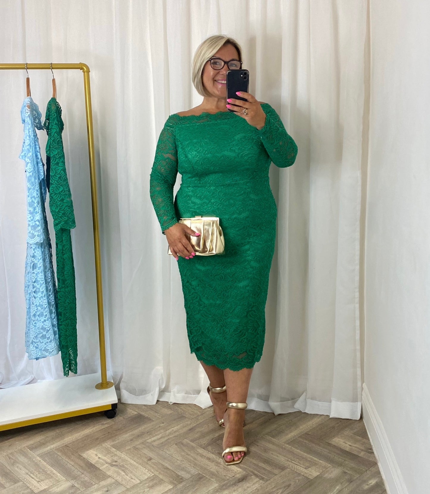 Full Lace Emerald Green - Bardot Midi Dress