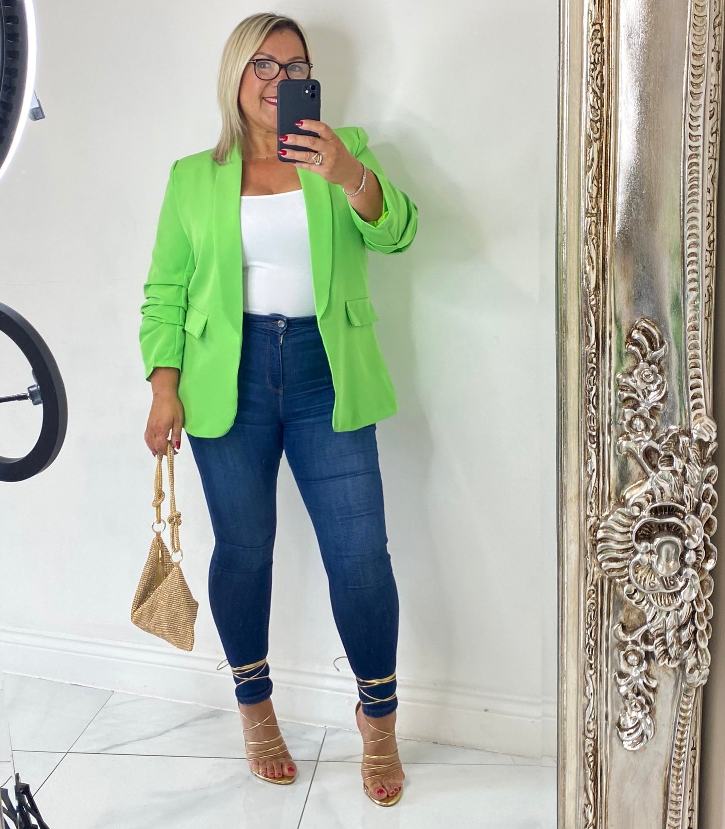 Green Ruched Sleeve Blazer