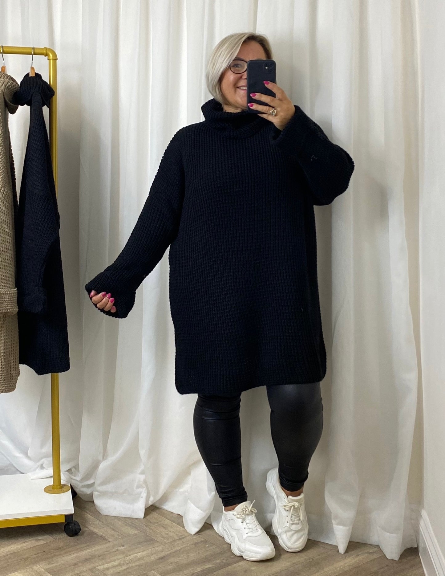 Black Slouch Neck Chunky Knit Tunic