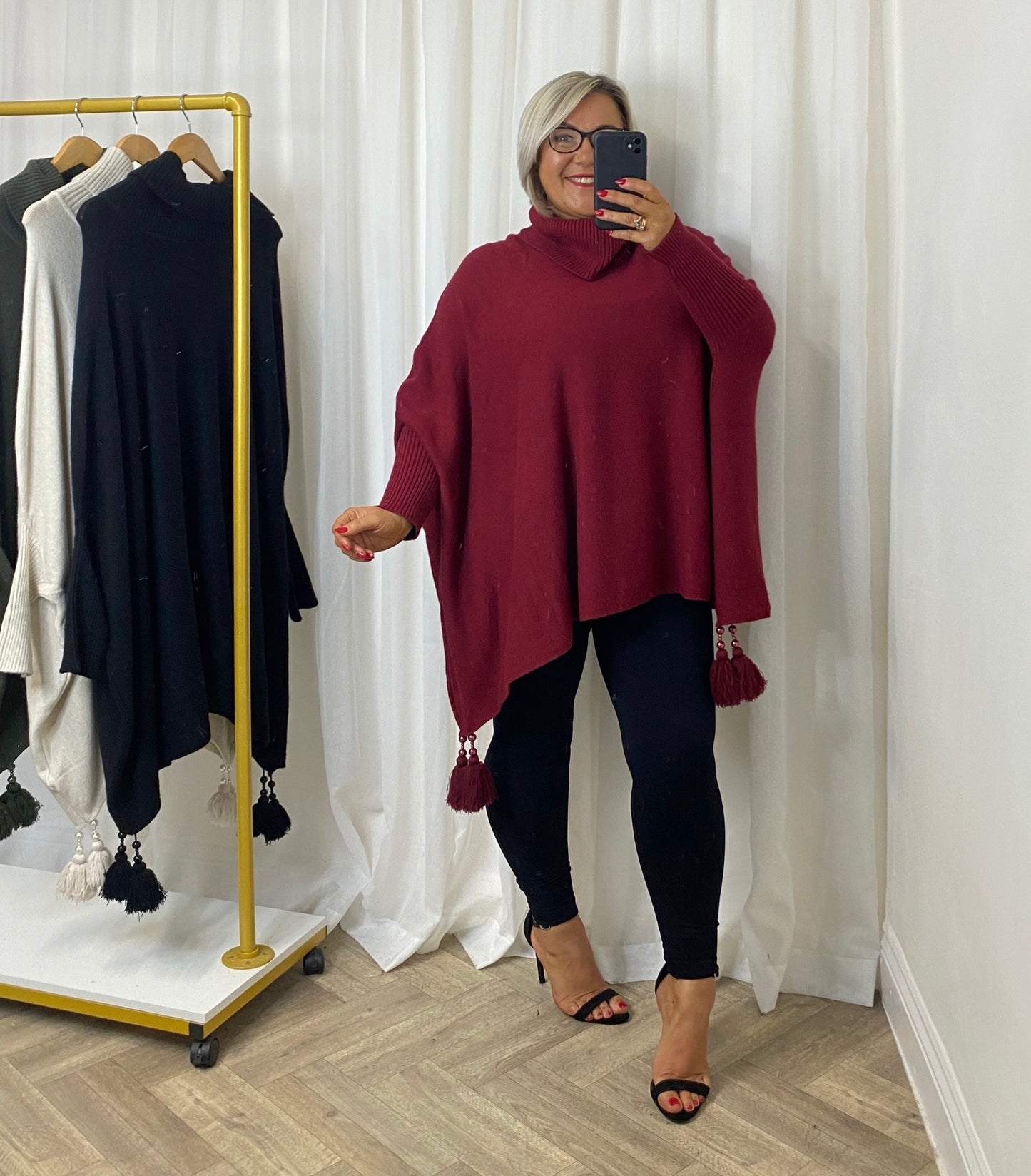 Deep Red Knit Tassel Poncho