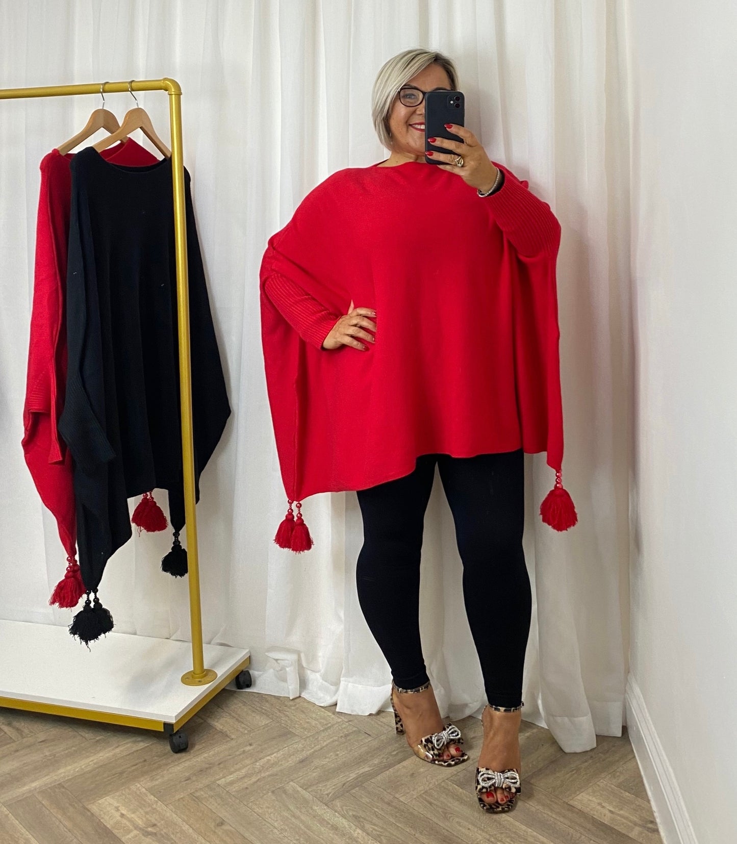 Red Knit Tassel Poncho