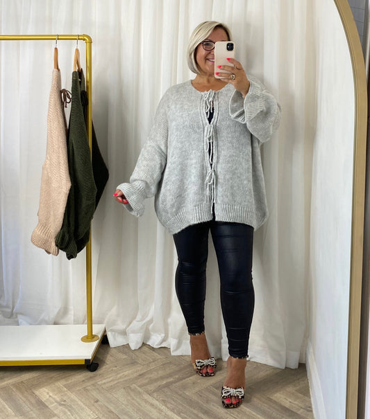 Grey Tie Front Knit Cardigan