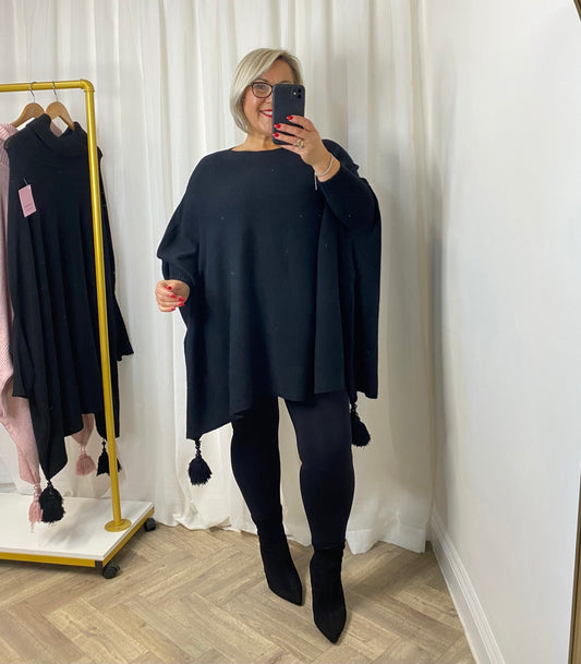 Black Knit Tassel Poncho