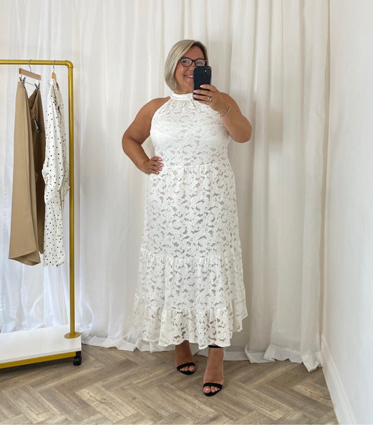 Halter White Lace Maxi Dress